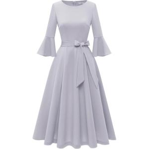 imageHomRain Womens Church Dresses for 2025 Wedding Guest Cocktail Tea Party Bell Sleeve Vintage Evening Graduation DressSilver Grey