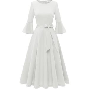 imageHomRain Womens Church Dresses for 2025 Wedding Guest Cocktail Tea Party Bell Sleeve Vintage Evening Graduation DressWhite
