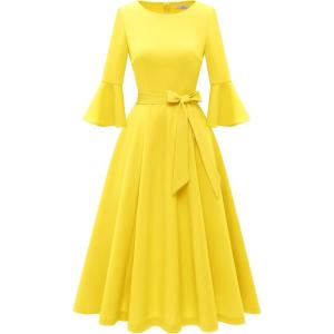 imageHomRain Womens Church Dresses for 2025 Wedding Guest Cocktail Tea Party Bell Sleeve Vintage Evening Graduation DressYellow
