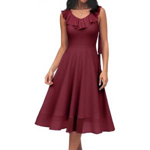imageHomRain Chiffon Casual Beach Dresses for Women 2025 Summer Sleeveless Cocktail Ruffle Wedding Guest Midi Dress for ChurchBurgundy