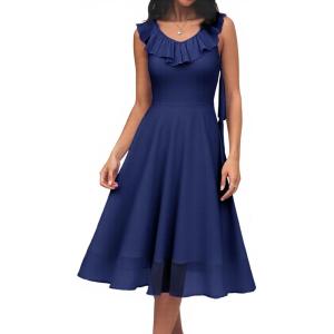 imageHomRain Chiffon Casual Beach Dresses for Women 2025 Summer Sleeveless Cocktail Ruffle Wedding Guest Midi Dress for ChurchNavy