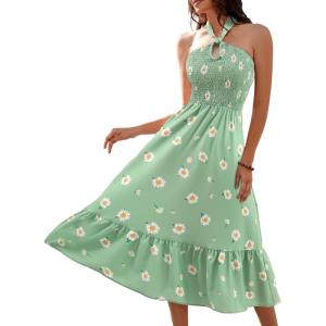 imageHomRain Summer Halter Dresses for Women 2025 Floral Maxi Dress with Sleeveless for Casual Flowy Boho Beach WeddingGreen White Daisy