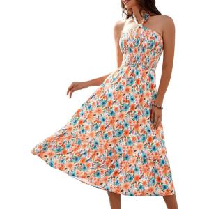 imageHomRain Summer Halter Dresses for Women 2025 Floral Maxi Dress with Sleeveless for Casual Flowy Boho Beach WeddingOrange Blue Flower
