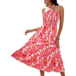 imageHomRain Summer Halter Dresses for Women 2025 Floral Maxi Dress with Sleeveless for Casual Flowy Boho Beach WeddingRed Pink Flower