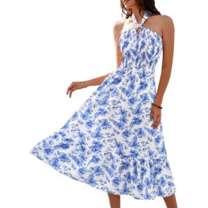 imageHomRain Summer Halter Dresses for Women 2025 Floral Maxi Dress with Sleeveless for Casual Flowy Boho Beach WeddingWhite Blue Flower
