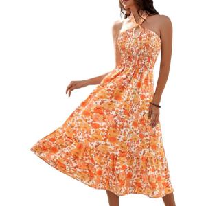 imageHomRain Summer Halter Dresses for Women 2025 Floral Maxi Dress with Sleeveless for Casual Flowy Boho Beach WeddingWhite Orange Flower