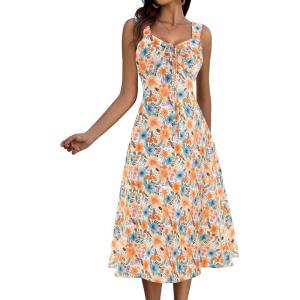 imageHomRain Sun Dresses for Women 2025 Vacation Summer Wedding Floral Boho Maxi Dress Spaghetti Strap A Line Casual BeachOrange Blue Flower