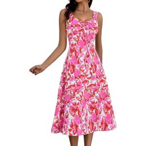 imageHomRain Sun Dresses for Women 2025 Vacation Summer Wedding Floral Boho Maxi Dress Spaghetti Strap A Line Casual BeachRed Pink Flower