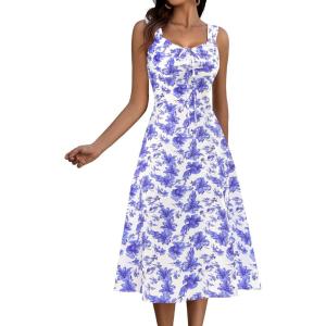imageHomRain Sun Dresses for Women 2025 Vacation Summer Wedding Floral Boho Maxi Dress Spaghetti Strap A Line Casual BeachWhite Blue Flower