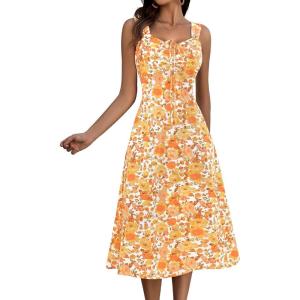 imageHomRain Sun Dresses for Women 2025 Vacation Summer Wedding Floral Boho Maxi Dress Spaghetti Strap A Line Casual BeachWhite Orange Flower
