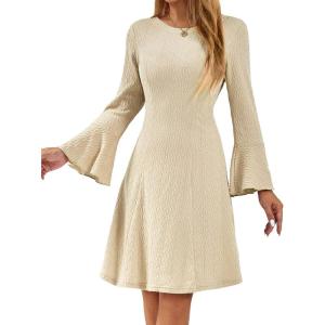 imageHomRain Womens Casual Spring Dress 34 Bell Sleeve Work Church ALine Dresses for Women 2025 Crewneck Knit Sweater OutfitsApricot