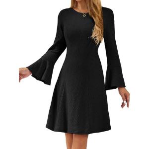imageHomRain Womens Casual Spring Dress 34 Bell Sleeve Work Church ALine Dresses for Women 2025 Crewneck Knit Sweater OutfitsBlack