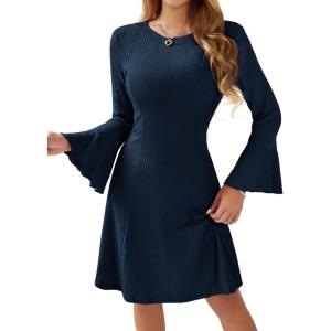 imageHomRain Womens Casual Spring Dress 34 Bell Sleeve Work Church ALine Dresses for Women 2025 Crewneck Knit Sweater OutfitsNavy