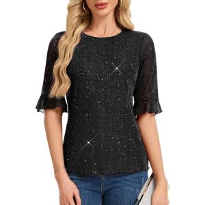 imageHomRain Womens Ruffle 34 Sleeve Sparkle Top Blouses Casual Shirts 2025 Crew Neck Glitter Night Out Tops for Elegant EveningBlack