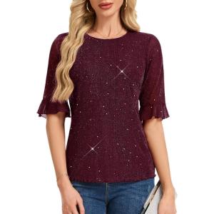 imageHomRain Womens Ruffle 34 Sleeve Sparkle Top Blouses Casual Shirts 2025 Crew Neck Glitter Night Out Tops for Elegant EveningBurgundy