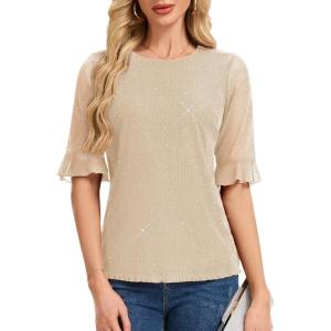 imageHomRain Womens Ruffle 34 Sleeve Sparkle Top Blouses Casual Shirts 2025 Crew Neck Glitter Night Out Tops for Elegant EveningChampagne