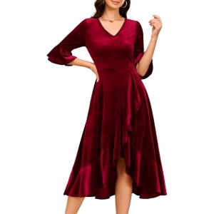 imageHomRain Womens Velvet Dress V Neck Bell Sleeve Fall Dress for Women Ruffle Split Christmas Party DressVelvetdarkred