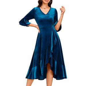 imageHomRain Womens Velvet Dress V Neck Bell Sleeve Fall Dress for Women Ruffle Split Christmas Party DressVelvetpeacock