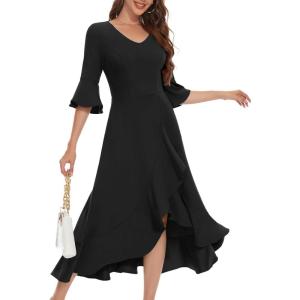 imageHomRain Womens Wedding Guest Dress Elegant Formal Cocktail Bell Sleeve Dress for Prom Homecoming Tea PartyBlack