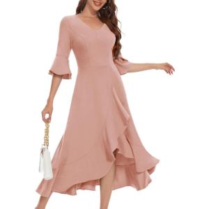 imageHomRain Womens Wedding Guest Dress Elegant Formal Cocktail Bell Sleeve Dress for Prom Homecoming Tea PartyBlush