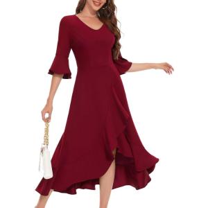 imageHomRain Womens Wedding Guest Dress Elegant Formal Cocktail Bell Sleeve Dress for Prom Homecoming Tea PartyBurgundy