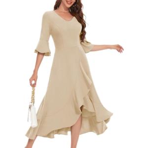 imageHomRain Womens Wedding Guest Dress Elegant Formal Cocktail Bell Sleeve Dress for Prom Homecoming Tea PartyChampagne
