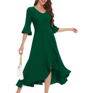 imageHomRain Womens Wedding Guest Dress Elegant Formal Cocktail Bell Sleeve Dress for Prom Homecoming Tea PartyDark Green