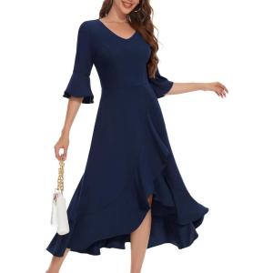 imageHomRain Womens Wedding Guest Dress Elegant Formal Cocktail Bell Sleeve Dress for Prom Homecoming Tea PartyNavy