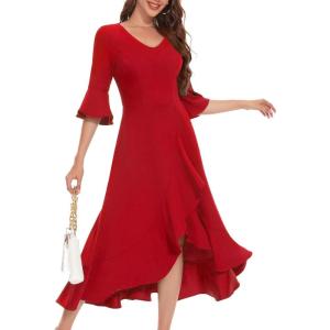 imageHomRain Womens Wedding Guest Dress Elegant Formal Cocktail Bell Sleeve Dress for Prom Homecoming Tea PartyRed
