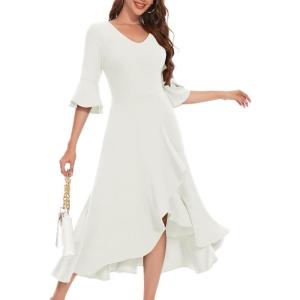 imageHomRain Womens Wedding Guest Dress Elegant Formal Cocktail Bell Sleeve Dress for Prom Homecoming Tea PartyWhite