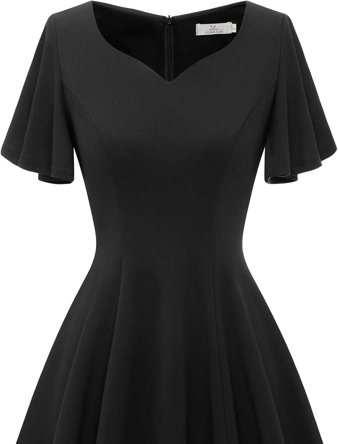 imageHomRain Wedding Guest Dresses for Women Vintage Short Sleeves Casual Fit and Flare Cocktail Formal Dress for Tea PartyBlack