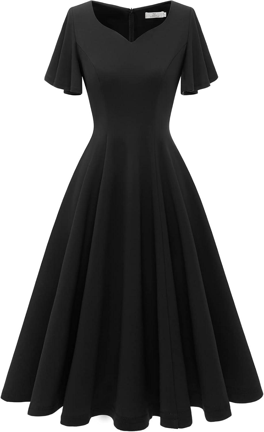 imageHomRain Wedding Guest Dresses for Women Vintage Short Sleeves Casual Fit and Flare Cocktail Formal Dress for Tea PartyBlack