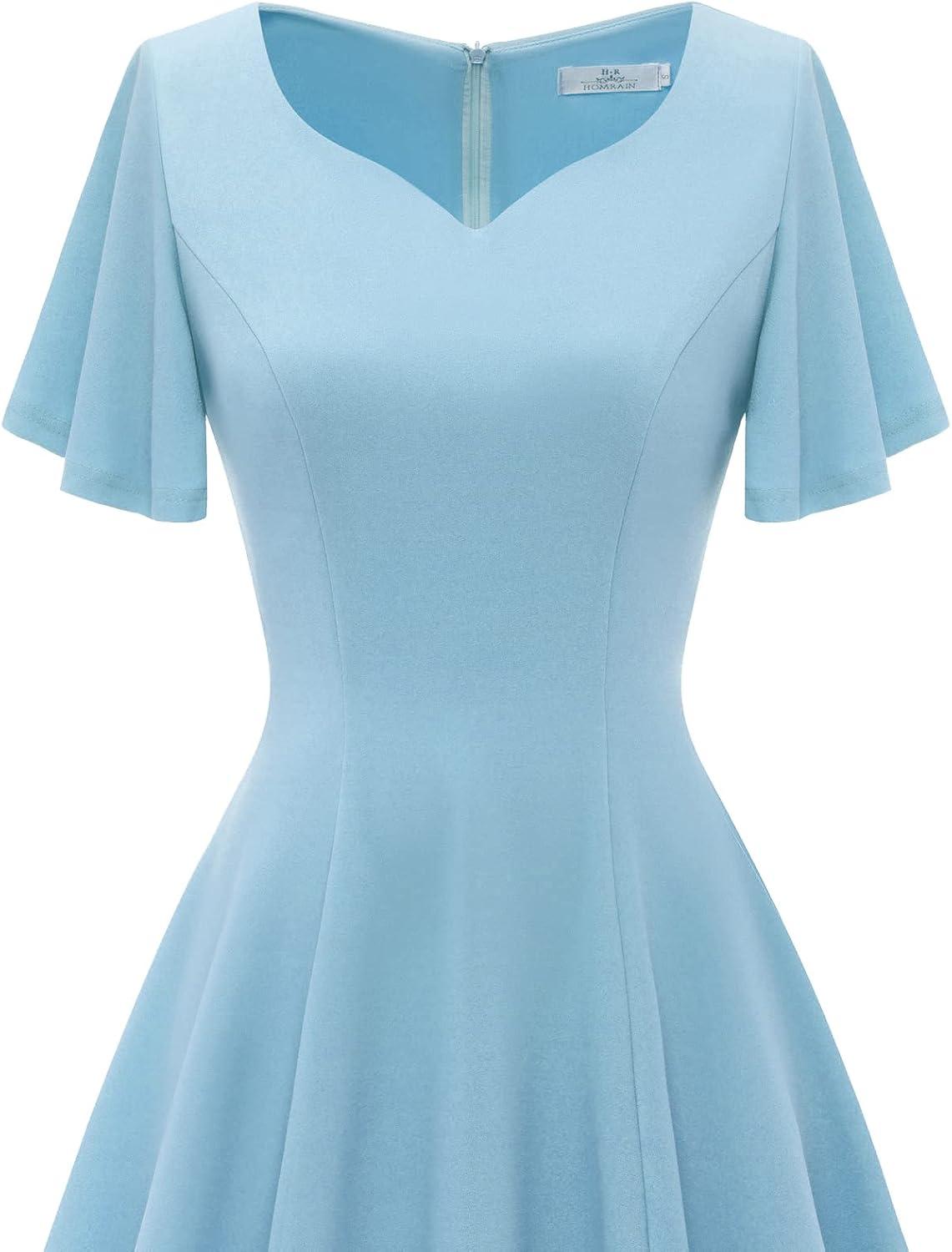 imageHomRain Wedding Guest Dresses for Women Vintage Short Sleeves Casual Fit and Flare Cocktail Formal Dress for Tea PartyBlue