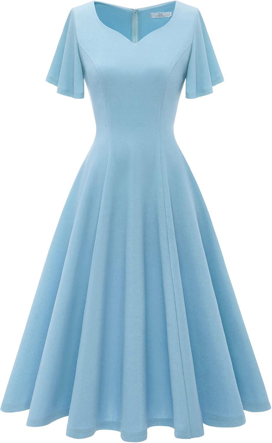 imageHomRain Wedding Guest Dresses for Women Vintage Short Sleeves Casual Fit and Flare Cocktail Formal Dress for Tea PartyBlue