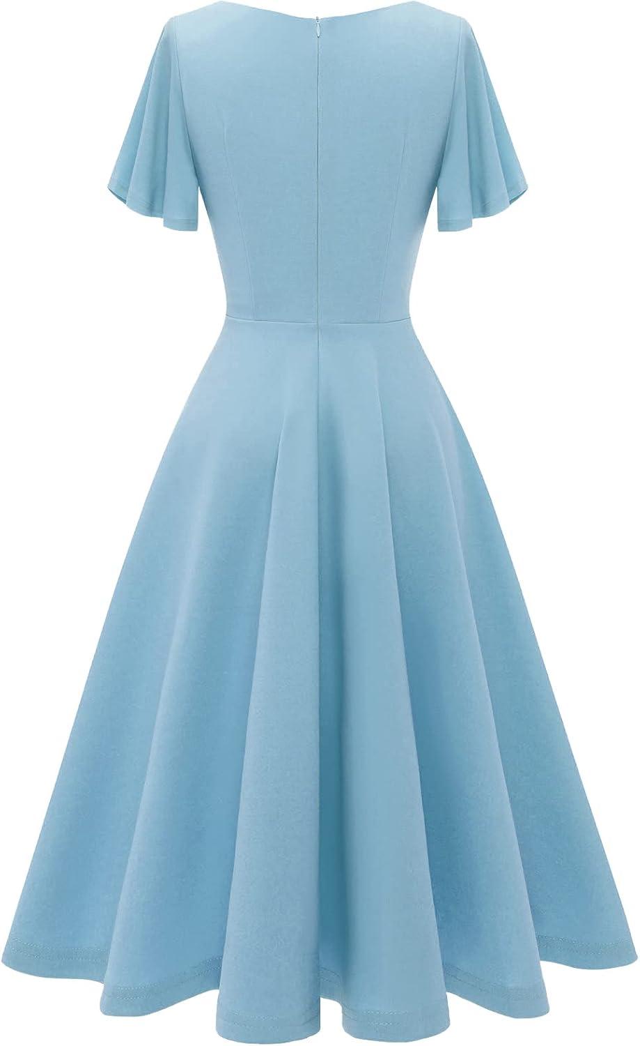 imageHomRain Wedding Guest Dresses for Women Vintage Short Sleeves Casual Fit and Flare Cocktail Formal Dress for Tea PartyBlue