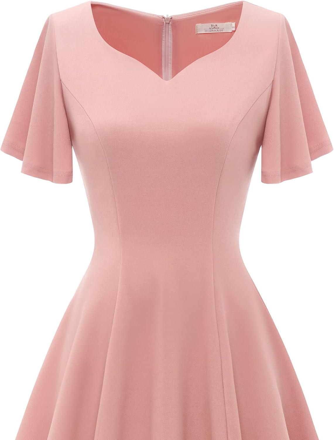 imageHomRain Wedding Guest Dresses for Women Vintage Short Sleeves Casual Fit and Flare Cocktail Formal Dress for Tea PartyBlush