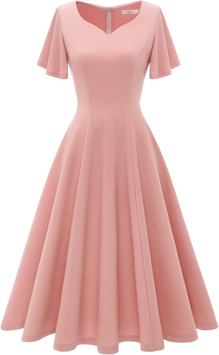 imageHomRain Wedding Guest Dresses for Women Vintage Short Sleeves Casual Fit and Flare Cocktail Formal Dress for Tea PartyBlush