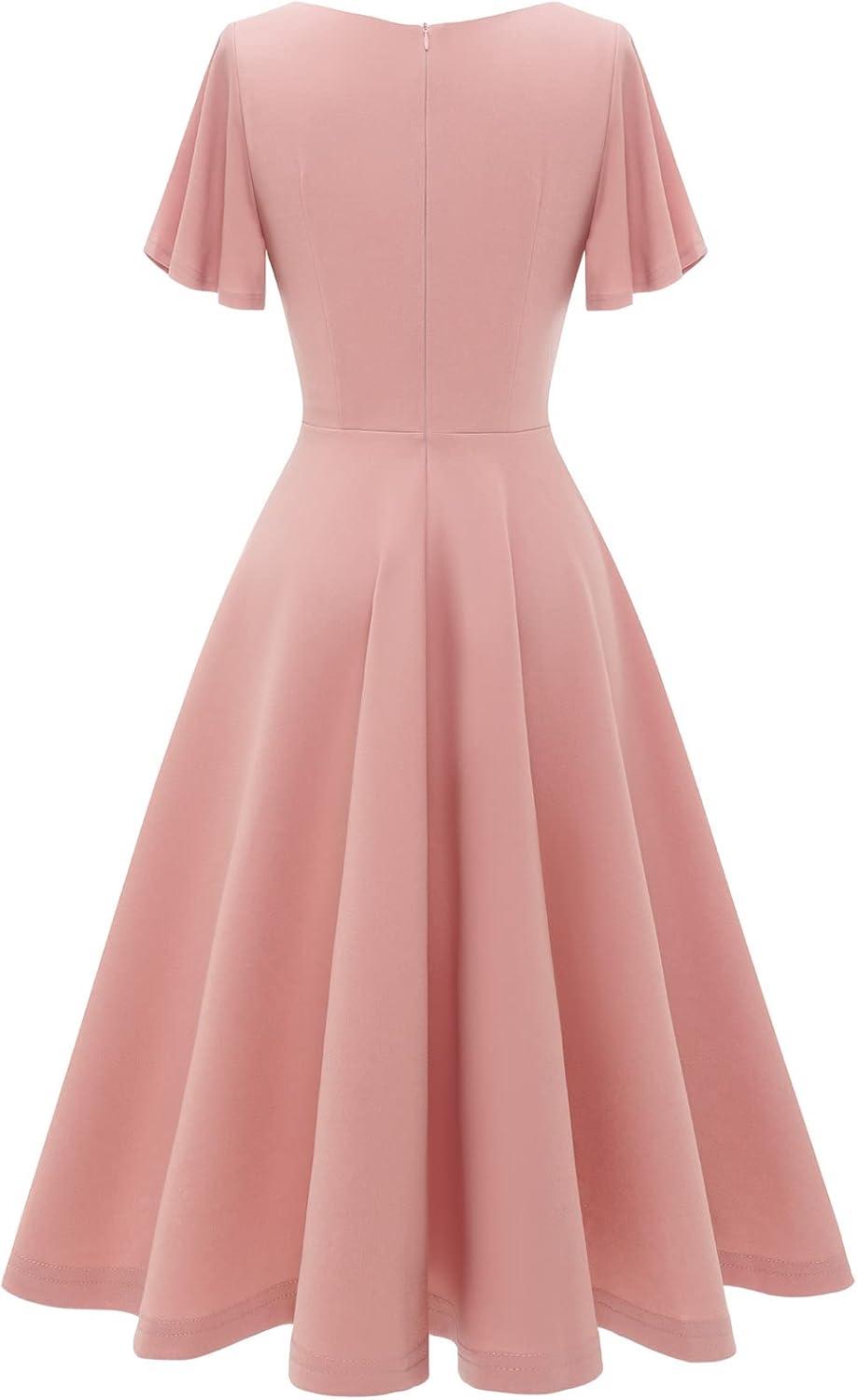 imageHomRain Wedding Guest Dresses for Women Vintage Short Sleeves Casual Fit and Flare Cocktail Formal Dress for Tea PartyBlush