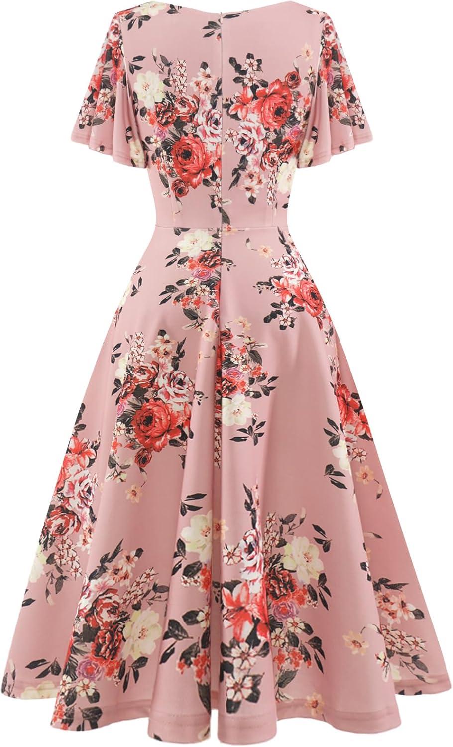 imageHomRain Wedding Guest Dresses for Women Vintage Short Sleeves Casual Fit and Flare Cocktail Formal Dress for Tea PartyBlush Flower