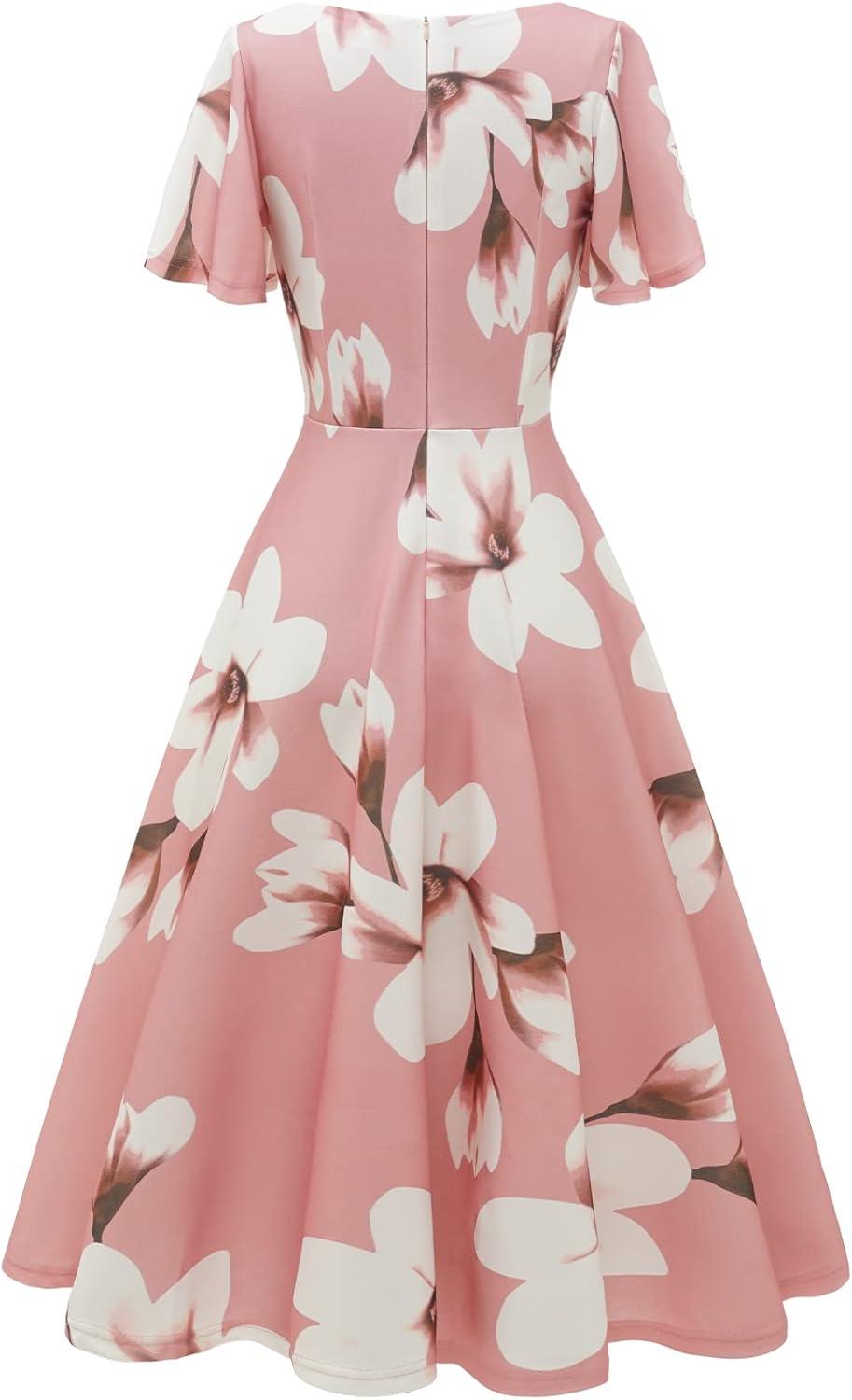 imageHomRain Wedding Guest Dresses for Women Vintage Short Sleeves Casual Fit and Flare Cocktail Formal Dress for Tea PartyBlush White Flower