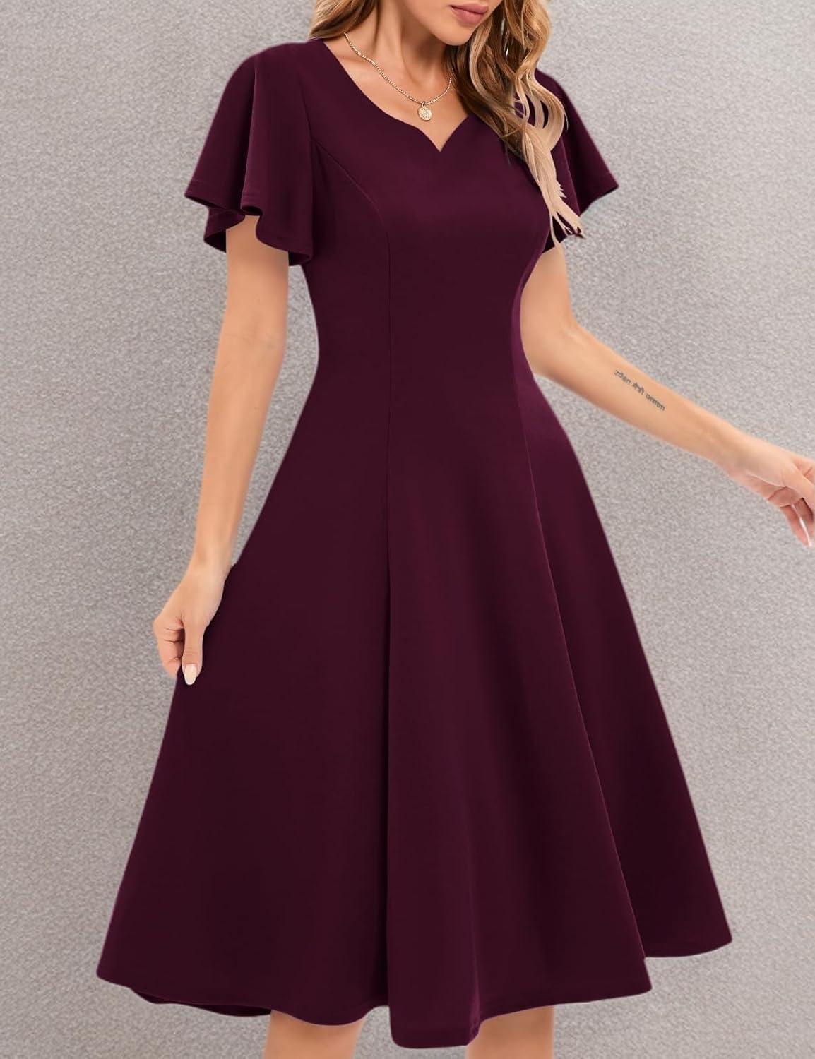 imageHomRain Wedding Guest Dresses for Women Vintage Short Sleeves Casual Fit and Flare Cocktail Formal Dress for Tea PartyBurgundy