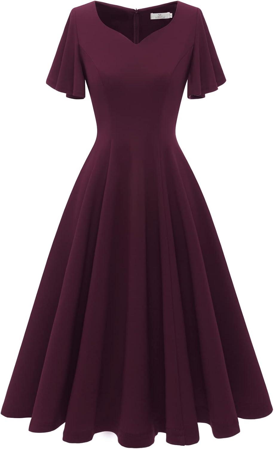 imageHomRain Wedding Guest Dresses for Women Vintage Short Sleeves Casual Fit and Flare Cocktail Formal Dress for Tea PartyBurgundy