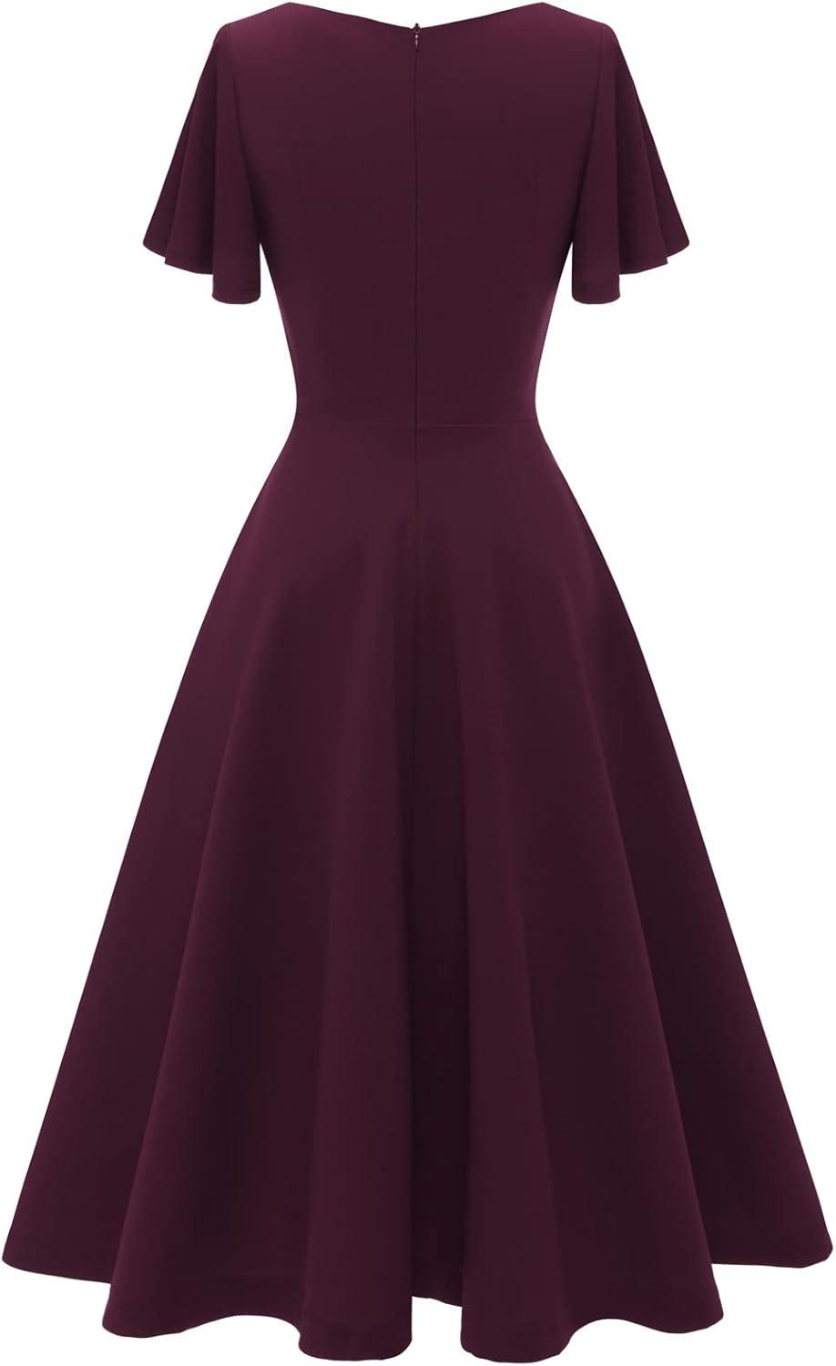 imageHomRain Wedding Guest Dresses for Women Vintage Short Sleeves Casual Fit and Flare Cocktail Formal Dress for Tea PartyBurgundy