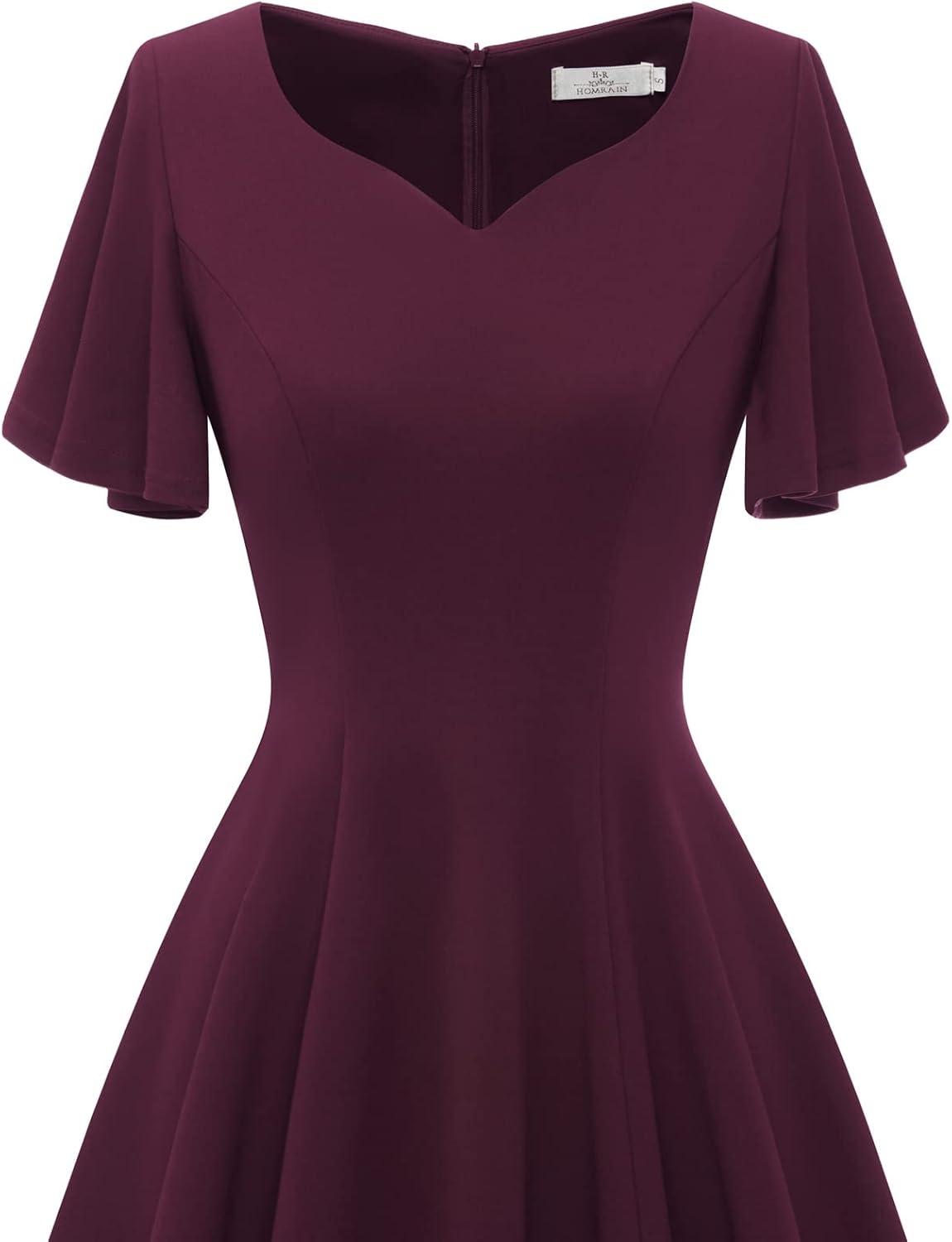 imageHomRain Wedding Guest Dresses for Women Vintage Short Sleeves Casual Fit and Flare Cocktail Formal Dress for Tea PartyBurgundy