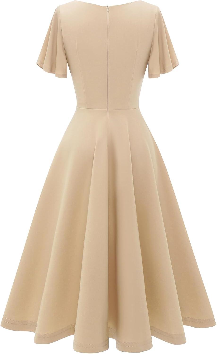 imageHomRain Wedding Guest Dresses for Women Vintage Short Sleeves Casual Fit and Flare Cocktail Formal Dress for Tea PartyChampagne