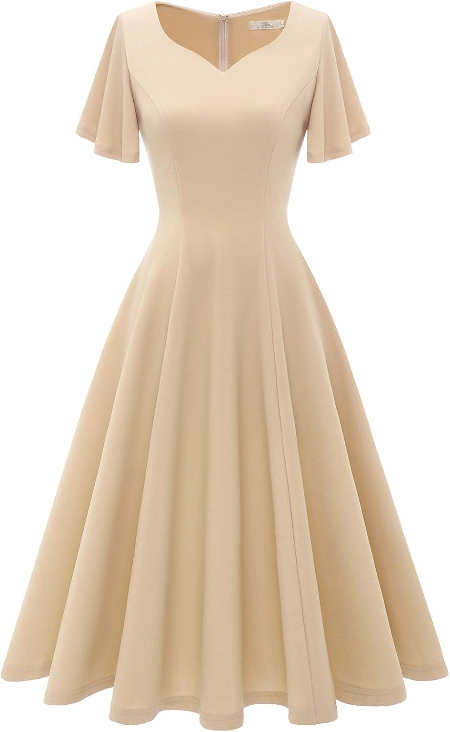 imageHomRain Wedding Guest Dresses for Women Vintage Short Sleeves Casual Fit and Flare Cocktail Formal Dress for Tea PartyChampagne