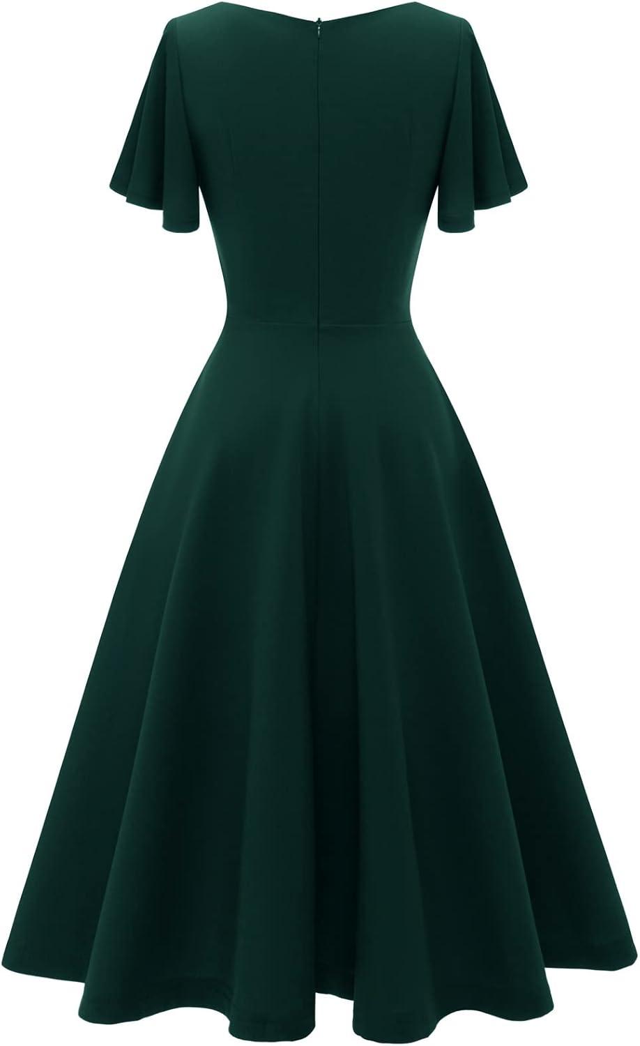 imageHomRain Wedding Guest Dresses for Women Vintage Short Sleeves Casual Fit and Flare Cocktail Formal Dress for Tea PartyDark Green