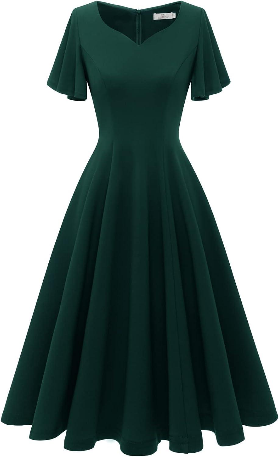 imageHomRain Wedding Guest Dresses for Women Vintage Short Sleeves Casual Fit and Flare Cocktail Formal Dress for Tea PartyDark Green