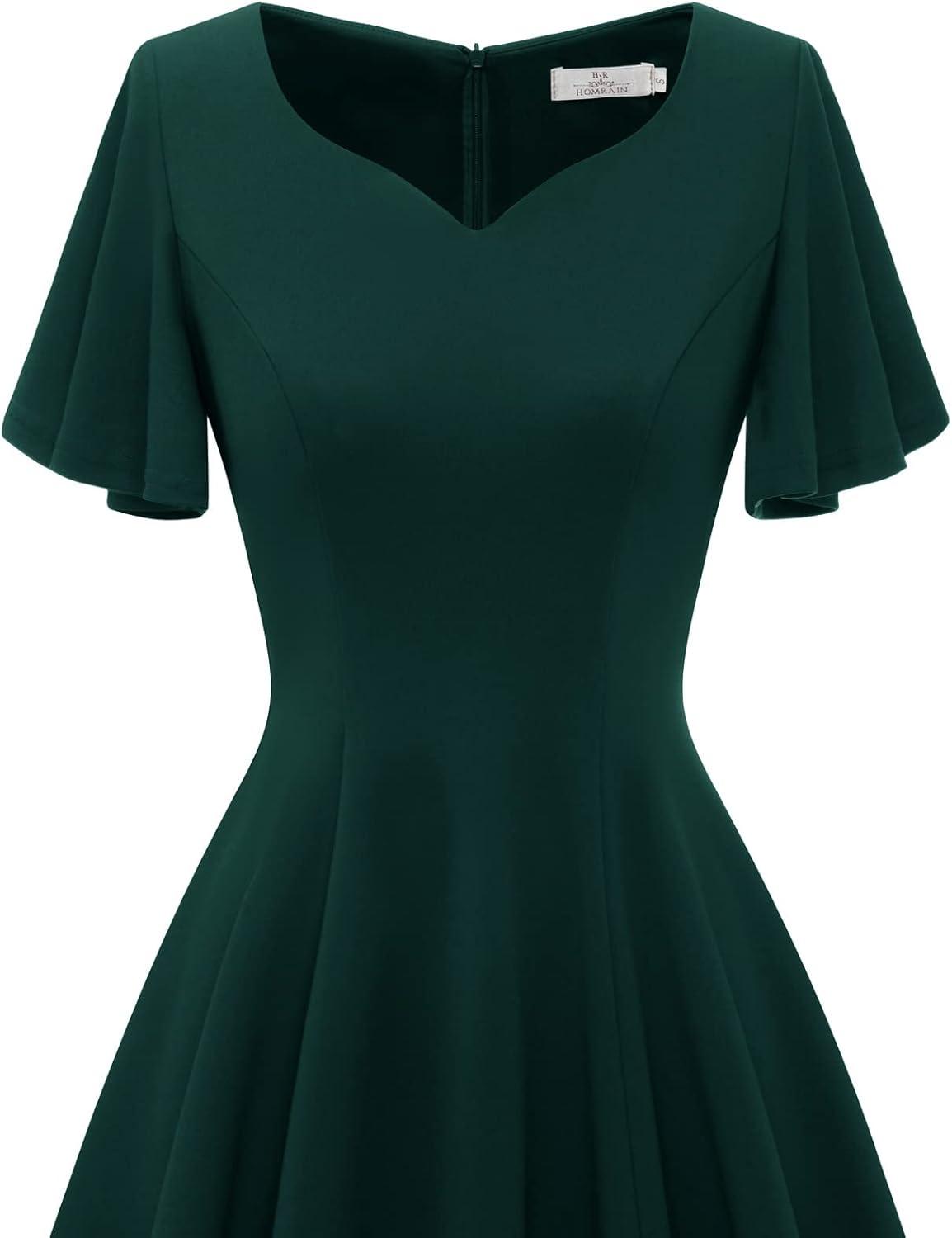 imageHomRain Wedding Guest Dresses for Women Vintage Short Sleeves Casual Fit and Flare Cocktail Formal Dress for Tea PartyDark Green