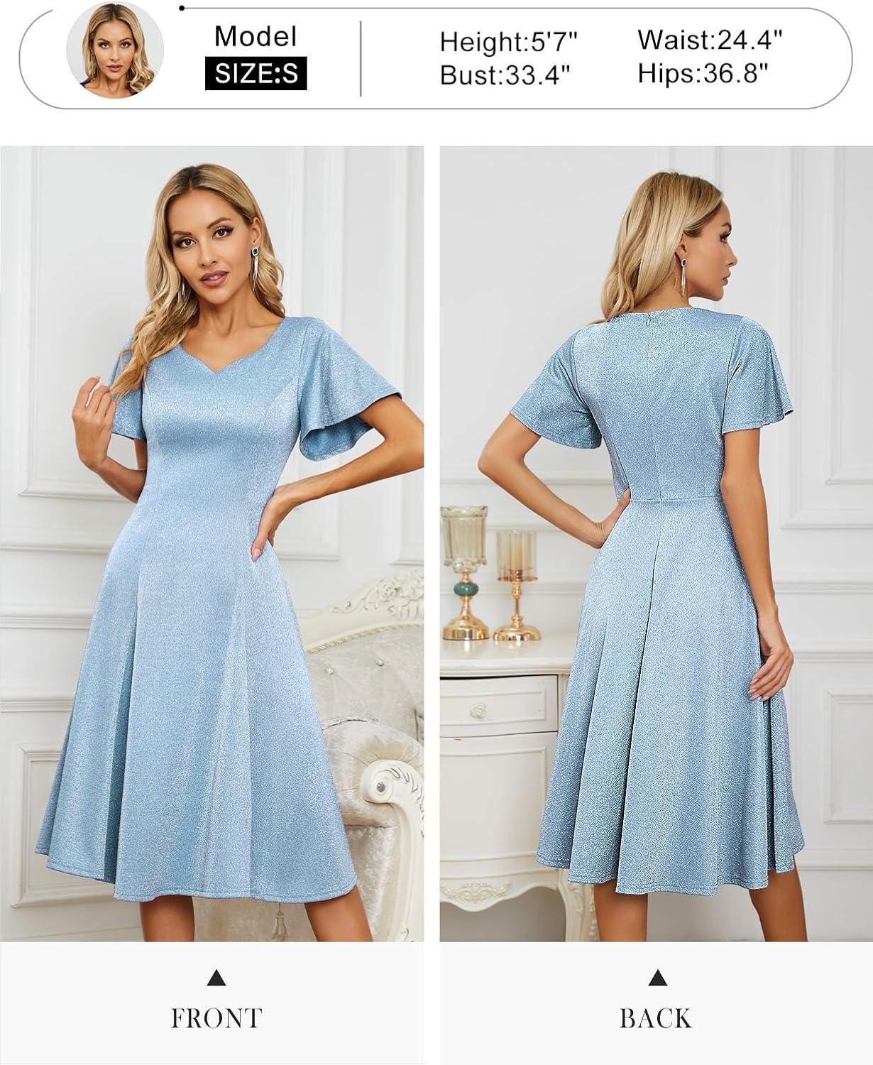 imageHomRain Wedding Guest Dresses for Women Vintage Short Sleeves Casual Fit and Flare Cocktail Formal Dress for Tea PartyGlitterblue